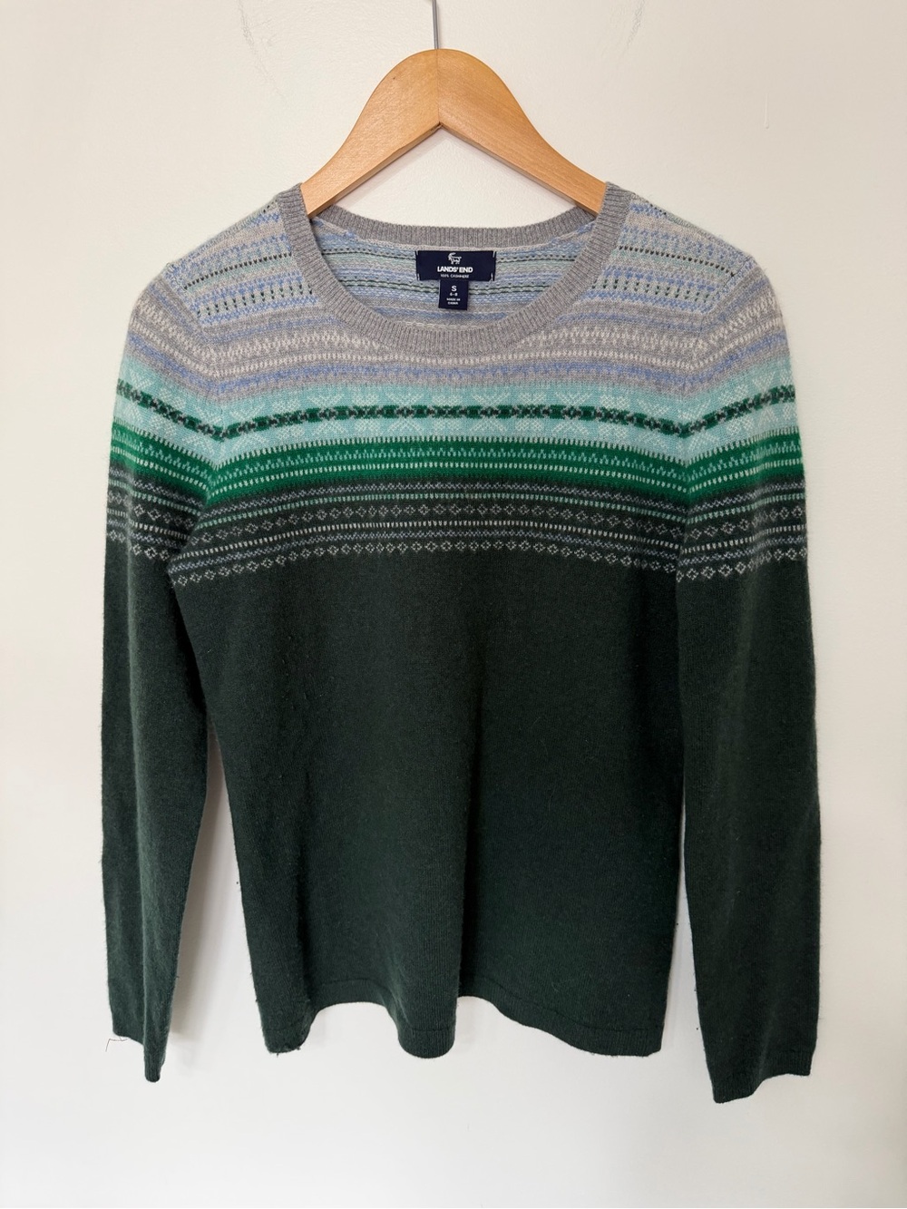 Lands’ End 100% Cashmere Fair Isle Sweater Green Blue Nordic Crewneck Women’s SM